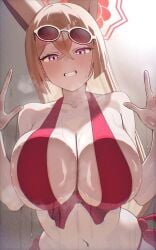 1girls against_fourth_wall animal_ears bare_shoulders bikini blue_archive breasts collarbone eyewear_on_head fox_ears fox_girl halo highres huge_breasts long_hair looking_at_viewer official_alternate_costume red-tinted_eyewear red_bikini red_halo rumi_(blue_archive) sideboob smile solo sunglasses swimsuit tinted_eyewear toughman