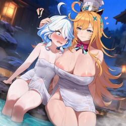 1girls ai_generated escoffier_(genshin_impact) furina_(genshin_impact) futa_on_female futanari genshin_impact onsen racerai thick_thighs