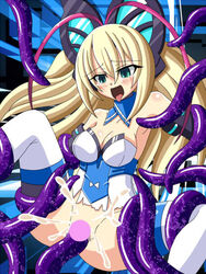 1girls azure_striker_gunvolt bare_shoulders blonde_hair blush breasts butterfly_hair_ornament censored chagama_(tyagama0927) cleavage clothed_sex clothing female green_eyes hair_ornament long_hair lumen_(gunvolt) open_mouth penetration purple_tentacles pussy rape restrained sex spread_legs tears tentacle thighhighs tongue tongue_out torn_clothes vaginal_penetration white_legwear white_thighhighs