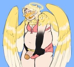 abel_(hazbin_hotel) angel_wings big_penis blush blushing_at_viewer blushing_profusely chimeracocks fat fat_male feathers halo hazbin_hotel human nervous nervous_smile showing_penis shy shy_male solo_focus underwear_only walked_in_on