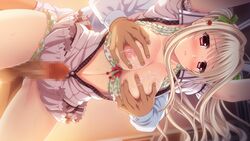 1boy areolae asahina_konomi blonde_hair blush bow bra bra_lift breast_grab breasts censored cherry cum cum_on_breasts erection female game_cg green_bow green_panties guilty hair_ornament hairbow hanging_breasts imminent_rape large_breasts long_hair mosaic_censoring nipples open_clothes open_shirt panties penis red_eyes school_uniform straight sweat toriko_no_kusari underwear