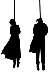 2boys arms_behind_back badeni canon_event chi.:_chikyuu_no_undou_ni_tsuite commentary_request execution floating_clothes floating_hair full_body hanged highres male_focus multiple_boys ocbdlove oczy rope_around_neck short_hair silhouette simple_background spoilers tabard white_background