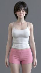 1girl ai_generated evie_(stellar_blade) eyes_closed realistic short_hair shorts smile smiling sole_female standing stellar_blade stellar_blade:_blood_rain tank_top tomboy tomboyish white_tank_top