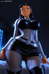 1girl ai_generated black_hair blackfire blue_eyes blue_hair breasts covered_nipples dark_skin dc from_below hi_res high_quality high_resolution large_breasts long_hair looking_at_viewer multicolored_hair patreon patreon_username seductive sexy short_dress skirt smile solo spicytoonai thighhighs uncensored watermark