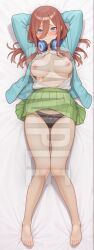 1girls ai_generated arms_up blue_eyes blush breasts brown_hair dakimakura embarrassed female full_body go-toubun_no_hanayome hi_res high_resolution highres lying lying_on_back miku_nakano nakano_miku nipples panties patreon school_uniform sleeplessnighty solo solo_focus tagme the_quintessential_quintuplets watermark