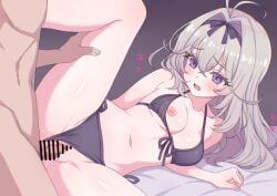 1boy 1girl absurdres antenna_hair bar_censor bikini bikini_bottom_aside black_bikini black_hairband blush breasts censored clothing_aside collarbone grey_hair hair_between_eyes hairband hetero highres holding_another's_leg leg_up long_hair looking_at_another lying medium_breasts meitantei_precure! moria_luluka navel nipples nonbirieroi on_side one_breast_out open_mouth penis precure purple_eyes pussy sex solo_focus stomach swimsuit vaginal