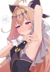 1girl @_@ armpits blonde_hair blush breasts commentary cum cum_on_armpits cum_on_body cure_arcana_shadow dress heart highres long_hair looking_to_the_side meitantei_precure! mitsuboshi_nuko moria_luluka pout precure presenting_own_armpit purple_eyes small_breasts solo spoken_heart upper_body