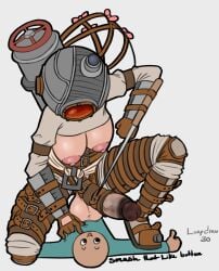 1boy 1girl artist_request big_balls big_breasts big_penis big_sister_(bioshock) bigger_female bioshock bioshock_2 diving_suit futanari helmet huge_cock male nipples size_difference