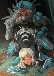 ahe_gao armor banshee_(warframe) bodysuit bonsuke cum dark_skin drooling female fucked_silly long_hair monster rape rolling_eyes sex silver_hair tears tongue_out warframe