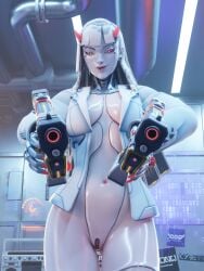 3d 3d_(artwork) ass ass_focus blender cyberpunk_2077 female female_focus female_only frameflare mature mature_female naked naked_female nsfw nude nude_female outfit overwatch overwatch_2 pussy shion shion_(overwatch) white_body