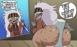 1boy 1girls bbw big_ass cellulite eating_ass elderly_female enya_geil fat_ass freckles freckles_on_ass gilf grandmother granny gray_hair jojo's_bizarre_adventure speech_bubble stardust_crusaders suffering suffocation text thick_thighs