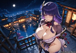 1girl ai_assisted ai_generated architecture bangs bare_shoulders black_gloves black_legwear blush breasts cleavage curvaceous curvy curvy_female curvy_figure elbow_gloves female full_moon genshin_impact gloves hair_ornament huge_breasts long_hair looking_at_viewer miyuai mole moon night night_sky purple_eyes purple_hair raiden_shogun sash sky smile solo thick thick_ass thick_butt thick_hips thick_legs thick_thighs thighhighs thighs very_long_hair voluptuous voluptuous_female water wide_hips wide_thighs