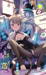 1girl after_masturbation after_vaginal animal_ear_fluff animal_ears black_leotard blonde_hair blush breasts brown_pantyhose brown_tail cat_ears cat_girl cat_tail censored closed_mouth dildo facial_mark feet fungi_(genshin_impact) genshin_impact highres holding holding_sex_toy leotard liclac long_hair long_sleeves lynette_(genshin_impact) mosaic_censoring nipples pantyhose purple_eyes purple_nails pussy sex_toy shirt small_breasts solo spread_legs star_(symbol) star_facial_mark stuffed_toy tail toes white_shirt