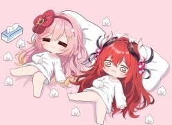 2girls :3 =_= @_@ absurdres blush_stickers bottomless chibi chibi_only closed_eyes duel_monster elite_yokan hair_intakes hair_ornament hand_on_own_stomach happy highres implied_after_masturbation long_hair lying multiple_girls naked_shirt on_back open_mouth pillow pink_hair pussy red_hair saliva sexualized_chibi shirt sidelocks tissue_box traptrix_allomerus traptrix_rafflesia uncensored used_tissue white_shirt x_hair_ornament yu-gi-oh!