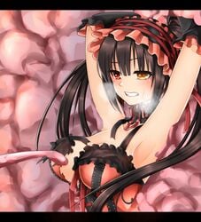 ap@meito armpits blush breasts cleavage clenched_teeth clock_eyes date_a_live female gothic_lolita hands_above_head heterochromia large_breasts lolita_fashion red_eyes solo sweat symbol-shaped_pupils teeth tentacle tokisaki_kurumi