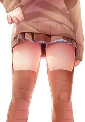 arm_behind_back brown_legwear byte_(allbyte) cardigan cum cum_on_body cum_on_lower_body cumdrip female from_behind from_below highres kantai_collection lower_body pleated_skirt skirt sleeves_past_wrists solo suzuya_(kantai_collection) thighhighs thighs