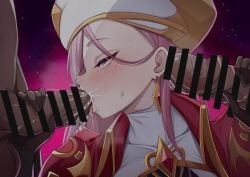blowjob blowjob_face blowjob_focus blush cocksucking fellatio fellatio_face forehead gloves huge_penis indie_virtual_youtuber indie_vtuber kurameki_kyou multiple_penises pink_hair slobber sucking sucking_penis tongue tongue_out