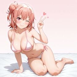 1girl ai-created ai_art ai_generated barefoot bikini bikini_bottom bikini_top boobs cleavage cute cute_face feet full_body my_teen_romantic_comedy_snafu oregairu tits wink winking_at_viewer yuigahama_yui