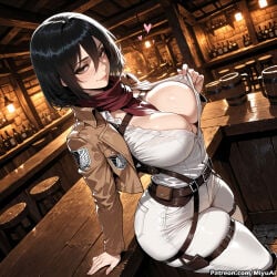 1girl ai_assisted ai_generated ass attack_on_titan bar barrel belt black_hair blush boots breasts brown_eyes cleavage closed_mouth curvaceous curvy curvy_female curvy_figure emblem female hair_between_eyes heart jacket lantern large_breasts long_sleeves looking_at_viewer mikasa_ackerman miyuai open_clothes pantylines paradis_military_uniform scarf shirt short_hair smile solo thick thick_ass thick_butt thick_hips thick_legs thick_thighs thigh_strap voluptuous voluptuous_female white_shirt wide_hips wide_thighs wooden_floor