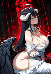 1girl ahoge ai_assisted ai_generated albedo albedo_(overlord) bare_shoulders black_feathers black_hair black_wings breasts cleavage curvaceous curvy curvy_female curvy_figure demon_girl demon_horns demon_wings detached_collar dress eyebrows_visible_through_hair feathered_wings feathers female frills gloves hip_vent horns huge_breasts large_breasts long_hair looking_at_viewer low_wings miyuai overlord_(maruyama) sitting slit_pupils smile solo thick thick_ass thick_butt thick_hips thick_legs thick_thighs thighs very_long_hair voluptuous voluptuous_female white_dress white_gloves wide_hips wide_thighs wings yellow_eyes