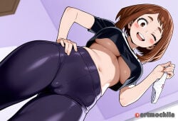 1girl ;d ai_generated anime artmochiia ass_visible_through_thighs big_breasts black_pants black_shirt blush blush_stickers boku_no_hero_academia bow bow_panties breasts brown_eyes brown_hair cameltoe ceiling ceiling_light crop_top crop_top_overhang cropped_shirt curvaceous curvaceous_female curvaceous_figure curvy curvy_figure fanart female female_focus from_below hand_on_own_hip holding holding_clothes holding_panties holding_underwear indoors large_breasts looking_at_viewer midriff my_hero_academia navel no_bra ochaco_uraraka one_eye_closed open_mouth panties pants round_teeth shirt short_hair short_sleeves sidelocks smile solo standing stomach teeth tight_clothes tight_pants uncensored underboob underwear upper_teeth_only uraraka_ochako voluptuous voluptuous_female white_panties