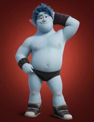 2026 accurate_art_style ai_generated artist_request barley_lightfoot black_underwear blue_hair briefs chest_hair chubby disney elf gay looking_at_viewer male male_only nipple_piercing onward_(2020) pixar smug underwear yaoi