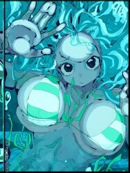artist_name bikini hands_on_glass hatsune_miku holding_breath huge_breasts looking_at_viewer navel signature striped_bikini twitter_username underwater untied_hair vocaloid waist