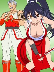 2023 andy_(undead_unluck) bandage canon_couple cosplay fan huge_breasts husband_and_wife izumo_fuuko long_ponytail mai_shiranui_(cosplay) ponytail scar silver_hair thick_thighs undead_unluck
