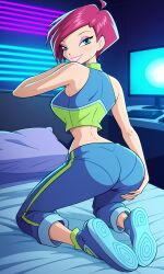 1girls 4k ai_generated ass ass_grab bedroom clothed computer crop_top eyeshadow female female_only from_behind her_brother_drives_a_subaru keyboard kneeling lipstick looking_back makeup medium_breasts monitor on_bed pants pink_hair pink_lipstick self_upload shoes short_hair shoulders sleeveless solo stable_diffusion teal_eyes tecna_(winx_club) winx_club