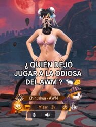 4k_resolution abdomen bending_knees bikini black_hair black_nails blue_eyes cat eyebrows face_mask feet free_fire gamer_girl garena green_tattoo hands_on_legs high_quality high_resolution highres large_breasts large_hips lipstick looking_at_viewer makeup mask missy moco_(free_fire) perfect_body perfect_skin petite_female pink_bikini short_hair spanish spanish_text sunset tattoo thin_waist tiktok upscaled video_game_character waifu2x white_bow white_skin