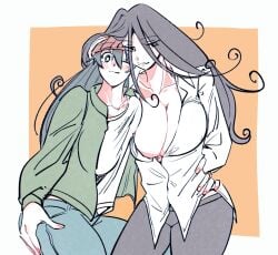 2girls beanie cleavage hand_on_hip huge_breasts ichico_nemuri izumo_fuuko kosasa17 long_hair mole_under_mouth open_shirt tagme undead_unluck