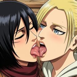 2girls ai_generated annie_leonhardt attack_on_titan black-haired_female black_hair black_hair_female blonde-haired_female blonde_female blonde_hair blue_eyes close-up closed_eyes eyes eyes_closed eyes_open female/female french_kiss french_kissing light-skinned_female light-skinned_females light_skin mikasa_ackerman mouth_open novelai open_eyes open_mouth scar scar_on_face shingeki_no_kyojin tongue tongue_kiss tongue_out