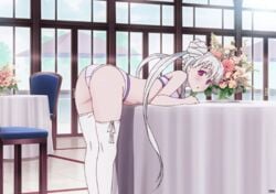 :o animated ass bent_over blush bra crown dat_ass female flowers ladies_vs_butlers long_hair looking_back no_pants panties pina_sformklan_estor presenting purple_eyes shaking silver_hair thighhighs tied_hair twintails