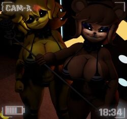 2girls 3d 3d_(artwork) angry angry_expression angry_eyes angry_face angry_female artist_logo artist_name big_breasts big_thighs bikini blender boobs camera camera_hud camera_pov dark darkness fap_nights_at_frenni's female female_focus female_only five_nights_at_freddy's fredina's_nightclub frenni_(cryptia) frenni_fazclaire furry furry_female furry_only glitching glowing_eyes golden_fredina_(cally3d) holding holding_object light looking_at_viewer microphone muffintop20 scary self_upload smile solo stage type_0 watermark yellow_light