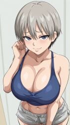 1girls ai_generated big_boobs big_breasts blue_eyes curvy curvy_body curvy_female curvy_figure female female_only gray_hair huge_breasts kyoru189 large_breasts light-skinned_female light_skin looking_at_viewer mature_female shiny shiny_skin shorts solo solo_female tank_top uzaki-chan_wa_asobitai! uzaki_hana