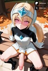 1boy 1futa 1girl above_view ai_generated autumn_leaves bench black_footwear blonde_hair blush boots brawl_stars breasts closed_mouth cock colored dick dress erection from_above from_front front_view futa_only futanari futanari/female futanarization gloves hair_between_eyes helmet high-angle_view large_penis leaf light_skin light_skinned_futanari long_hair looking_at_viewer looking_up male_focus nickythecreator otoko_no_ko outdoors penis pink_eyes sexy sexy_body sexy_pose sitting solo spread_legs starr_nova starr_nova_(brawl_stars) testicles tree twintails uncensored veins veiny_penis white_gloves