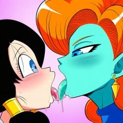 2girls ai_generated alien alien/human alien_female alien_girl black-haired_female black_hair blue-skinned_female blue_eyes blue_skin blue_tongue blush blush_lines blushing dragon_ball dragon_ball_z earring eyes eyes_open female/female female_alien french_kiss french_kissing human human_female humanoid humanoid_female interspecies light-skinned_female light_skin long_hair long_orange_hair mouth_open novelai open_eyes open_mouth orange-haired_female orange_hair pigtails pointy_ears saliva tongue tongue_kiss tongue_out videl videl_(long_hair) zangya