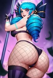 1girl 1girls ai_generated ass ass_focus big_ass big_breasts big_butt blue_eyes blue_hair bra clothing club curvy dancer earrings female female_focus female_only fishnet fishnet_legwear fishnet_stockings fishnets gwen_(league_of_legends) heterochromia huge_ass large_breasts league_of_legends light-skinned_female light_skin lingerie long_hair looking_at_viewer looking_back smile solo solo_female solo_focus strip_club stripper stripper_pole thick_thighs tjanderene twintails wide_hips
