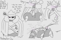 annoyed_expression blush_lines floating_hands h4llx handjob hollow_knight lying_on_back nailmaster_oro shy tsundere
