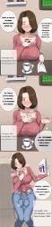 bathroom big_balls big_breasts brown_hair eggcandy erection erection_under_clothes futanari huge_cock japanese_text jeans measurements shirt