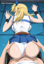 1boy 1girl ai_generated anime anime_style anus artist_name ass ass_grab bare_shoulders belt blonde_hair blue_ribbon blue_skirt blush breasts brown_eyes clothed_sex clothing_aside doggystyle fairy_tail from_behind hair_ribbon hentai hetero hi_res large_breasts long_hair looking_at_viewer looking_back lucy_heartfilia miniskirt mystic_maidens open_mouth panties panties_aside patreon patreon_username penis pleated_skirt pov pussy ribbon sex sex_from_behind shirt skirt sleeveless sleeveless_shirt solo_focus sweat sweatband top-down_bottom-up uncensored underwear vaginal white_panties white_shirt wristband
