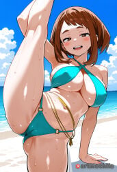 1girl :d ai_generated anime artmochiia bangs beach big_breasts bikini blue_bikini blue_sky blush blush_stickers boku_no_hero_academia breasts brown_eyes brown_hair cameltoe cleavage cloud covered_nipples curvaceous curvaceous_female curvaceous_figure curvy curvy_figure day fanart female female_focus flexible halterneck large_breasts leg_lift leg_up looking_at_viewer my_hero_academia navel o-ring o-ring_bikini ocean ochaco_uraraka open_mouth outdoors shiny shiny_skin short_hair sidelocks sky smile solo split standing standing_on_one_leg standing_split sweat swimsuit teeth thighs uncensored underboob upper_teeth_only uraraka_ochako voluptuous voluptuous_female water wet