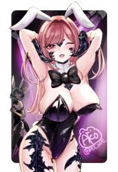 2girls armpits arms_up au_ra big_breasts black_bunnysuit black_hair breasts breasts_out bunny_ears bunnysuit exposed_breasts female final_fantasy final_fantasy_xiv large_breasts long_hair one_eye_closed pink_eyes pink_hair scales short_hair tail white_bunny_ears xaela