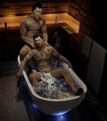 animated asian asian_male bathroom bathtub daemoncollection gay gun holding_gun masturbation muscular muscular_male pistol ricky_wong sleeping_dogs smoking tagme tattoo video wei_shen yaoi