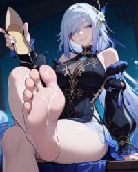 1girl ai_generated bare_legs bare_shoulders barefoot big_breasts blue_eyes cum cum_on_foot dominant_female foot_fetish foreshortening genshin_impact holding_shoes looking_at_viewer mihoyo presenting presenting_feet puffy_sleeves self_upload shenhe_(genshin_impact) silver_hair sitting sole_female solo_female stable_diffusion thighs