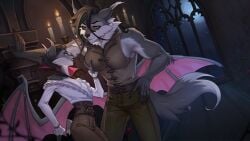 anthro arched_back bat bottomwear candle candlelight canid canine canis claws cleavage clothed clothing collar detailed_background digital_drawing_(artwork) digital_media_(artwork) digital_painting_(artwork) duo ear_tuft elbow_tuft eye_contact eyelashes facial_tuft fangs fantasy female femboy fondling frilly_clothing grey_fur hand_on_breast hand_on_wall larger_female leather leather_bottomwear leather_clothing leather_pants light looking_at_another looming looming_over male male/female mammal medieval medieval_clothing medieval_fantasy medium_breasts membranous_wings moon moonlight multicolored_body multicolored_fur neck_tuft night olga_(furlough_games) pants sangrae_(furlough_games) size_difference small_waist smaller_male standing stocky tail tuft tufted_fur vest waist_accessory white_fur window wings wolf yellow_eyes