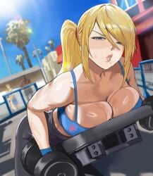 1girls blonde_hair blue_eyes breast_press breasts cleavage clothed clothing female female_only light-skinned_female light_skin metroid mugi_(mugit49) mugit49 nintendo outdoors outside samus_aran solo workout workout_clothes