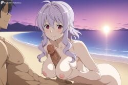 1boy 1girl ai_generated beach black_hair blush breasts breasts_squeezed_together closed_mouth collarbone completely_nude digitalwaifugallery erection hetero hi_res high_quality high_resolution large_breasts long_hair nipples nude ocean outdoors paizuri patreon patreon_username penis purple_eyes purple_hair red_eyes seductive sexy smile solo_focus sun sunset uncensored watermark