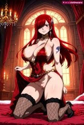 1girl ai_assisted ai_generated areola_slip arm_tattoo bare_shoulders bed blush breasts candle choker cleavage clothes_lift dress earrings erza erza_scarlet fairy_tail fishnet_thighhighs fishnets hair_ornament hair_over_one_eye high_heels indoors jewelry kneeling large_breasts long_hair looking_at_viewer patreon pussy red_dress red_hair smile solo stelmazura tattoo thighhighs thighs