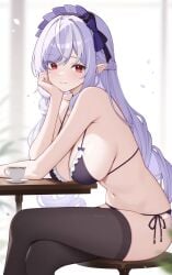 1girls artist_request bra breasts cup drill_hair elf elf_female elf_girl female_focus female_only large_breasts legs_crossed long_hair looking_at_viewer panties pointy_ears purple_hair red_eyes sitting smiling smiling_at_viewer solo solo_female string_bra string_panties table thighhighs vivian_banshee zenless_zone_zero